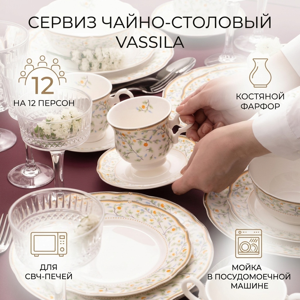 Сервиз на 12 персон VASSILA Фло, предметов: 100, чайно-столовый, костяной фарфор