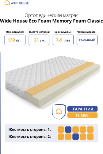 Матрас WIDE HOUSE Eco Foam Memory Foam Classic, 90x195x21 см