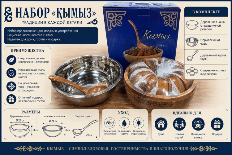 Набор для сервировки Кумыс, дерево, нержавеющая сталь