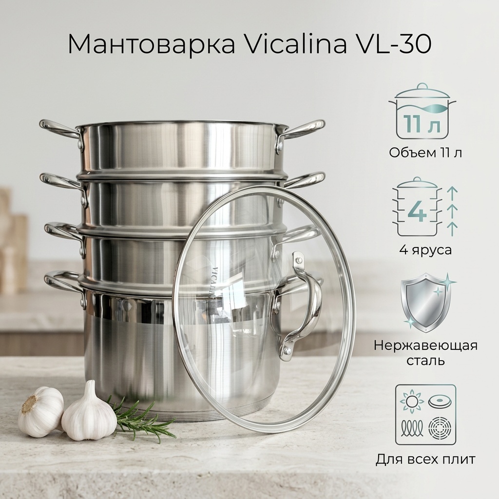 Мантоварка 11 л, Vicalina нержавеющая сталь, количество ярусов: 4
