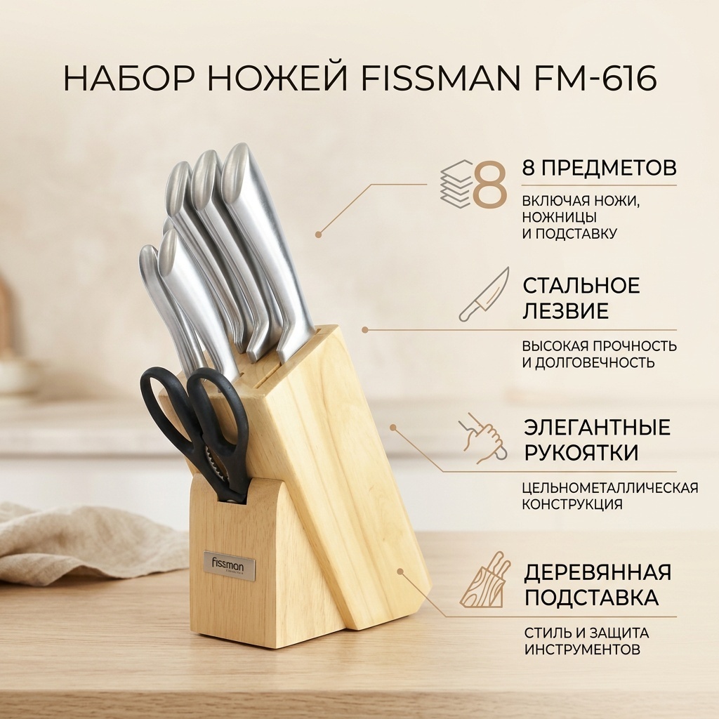 Нож универсальный Fissman, лезвие: сталь 8 шт
