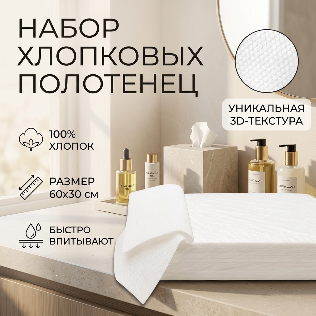 Набор полотенец 30x60 см, хлопок, 50 шт,