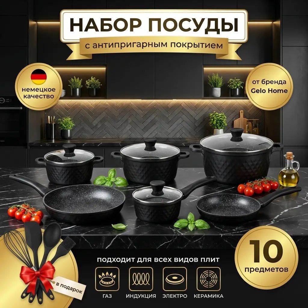 Набор кастрюль Gelo Home Dark Stone 10 в 1