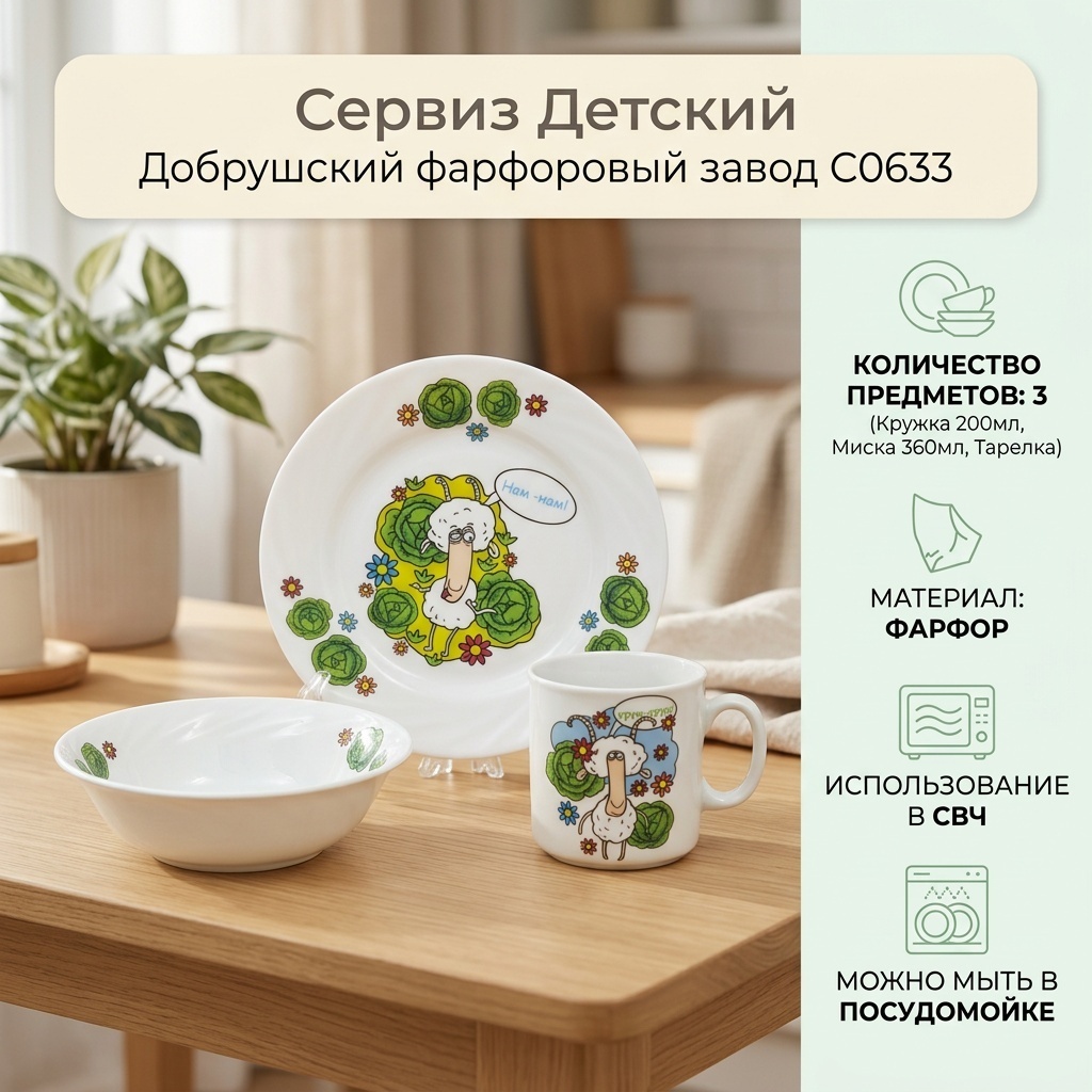 Сервиз на 1 персону Добрушский фарфоровый завод Барашки, предметов: 3, детский, фарфор