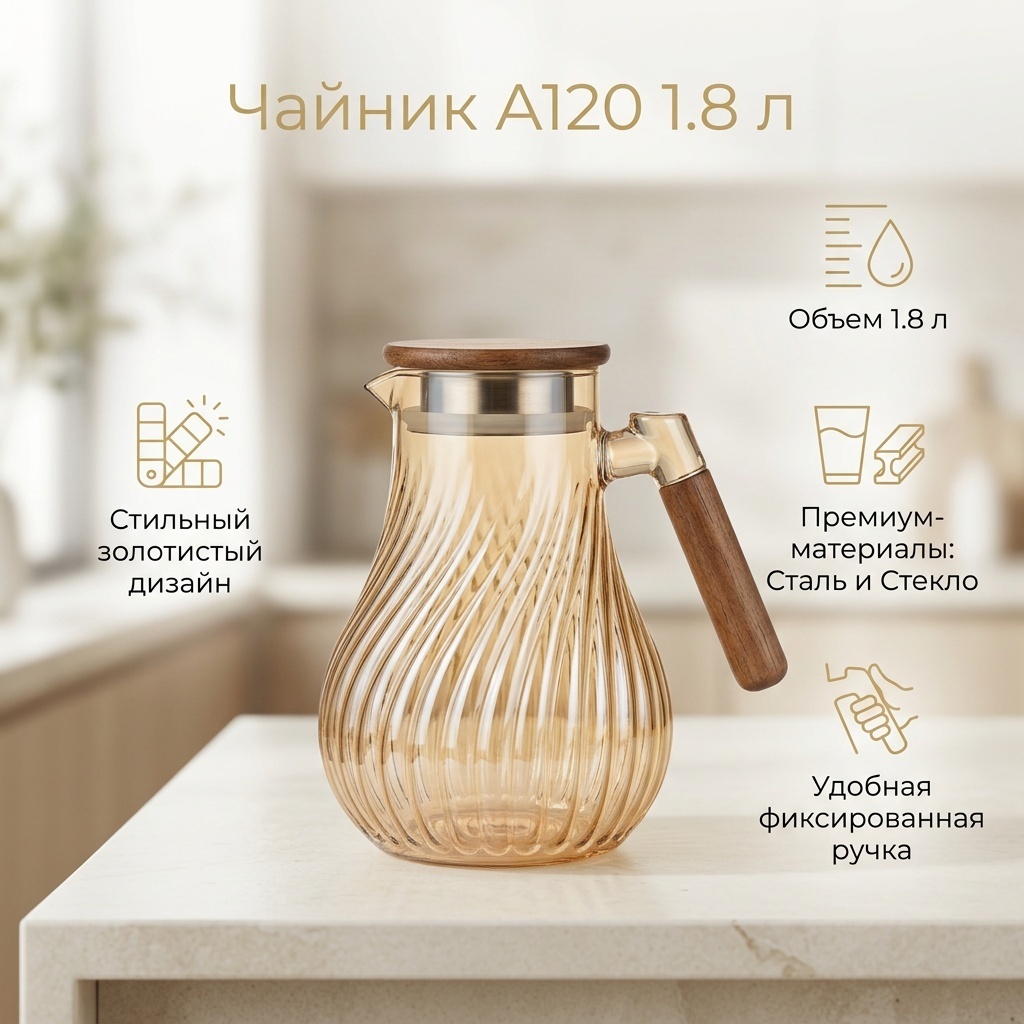 Чайник А120 1.8 л, нержавеющая сталь, стекло