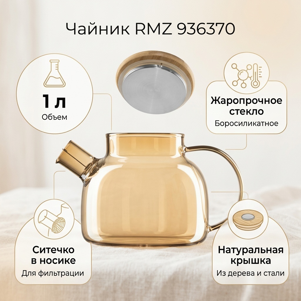 Чайник RMZ 936370 1 л, жаропрочное стекло