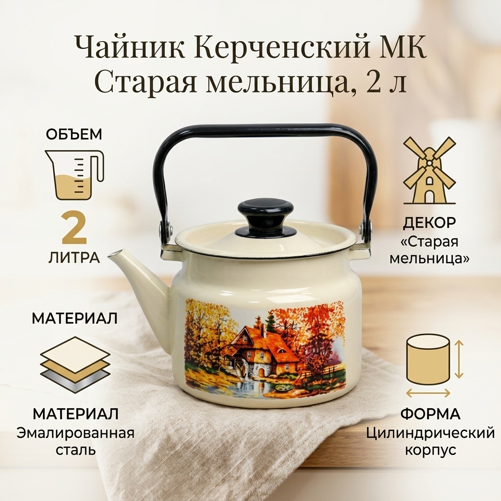 Керченский МК чайник 42704-102/6/старая мельница 2 л, сталь, эмаль