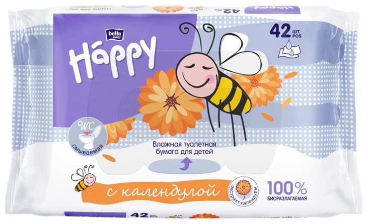 Happy влажная туалетная бумага 1-слойный 42 шт, нетканое полотно