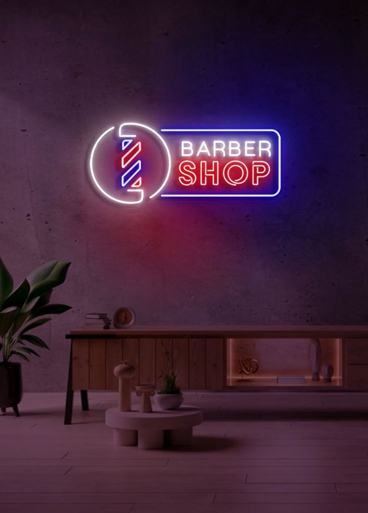 Неоновая вывеска настольный Barbershop, холодный белый, красный, синий
