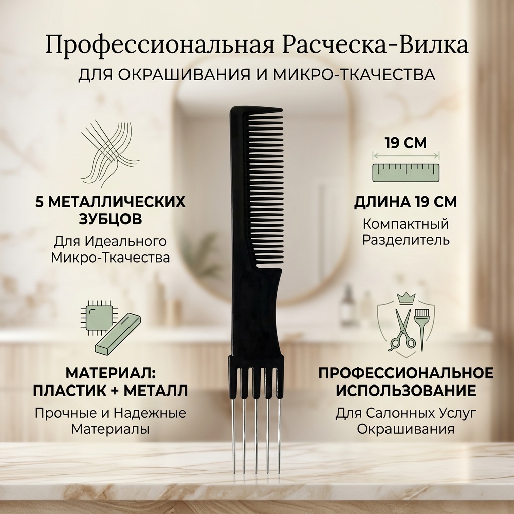 Расческа с 5 металлическими зубцами черный 19 см