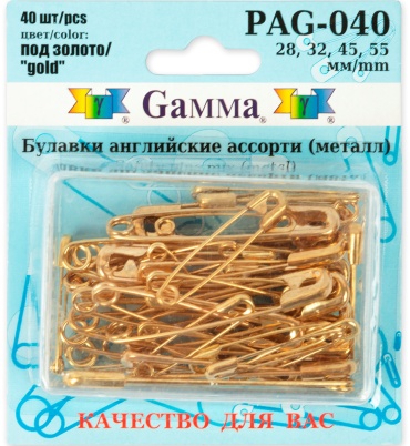 Булавки английские золото 28, 32, 45, 55 мм 40 шт PAG-040