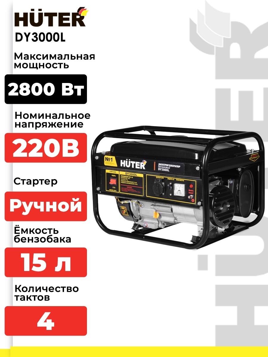 Электрогенератор 2.5 кВт 220В DY3000L Huter бензиновый 4-х тактный двигатель, макс. мощность 2.8 кВт, ручной стартер, однофазный, бак 15л, емкость системы смазки 0.6л 64/1/4