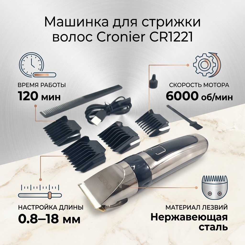Cronier машинка для стрижки CR1221 черный, серебряный