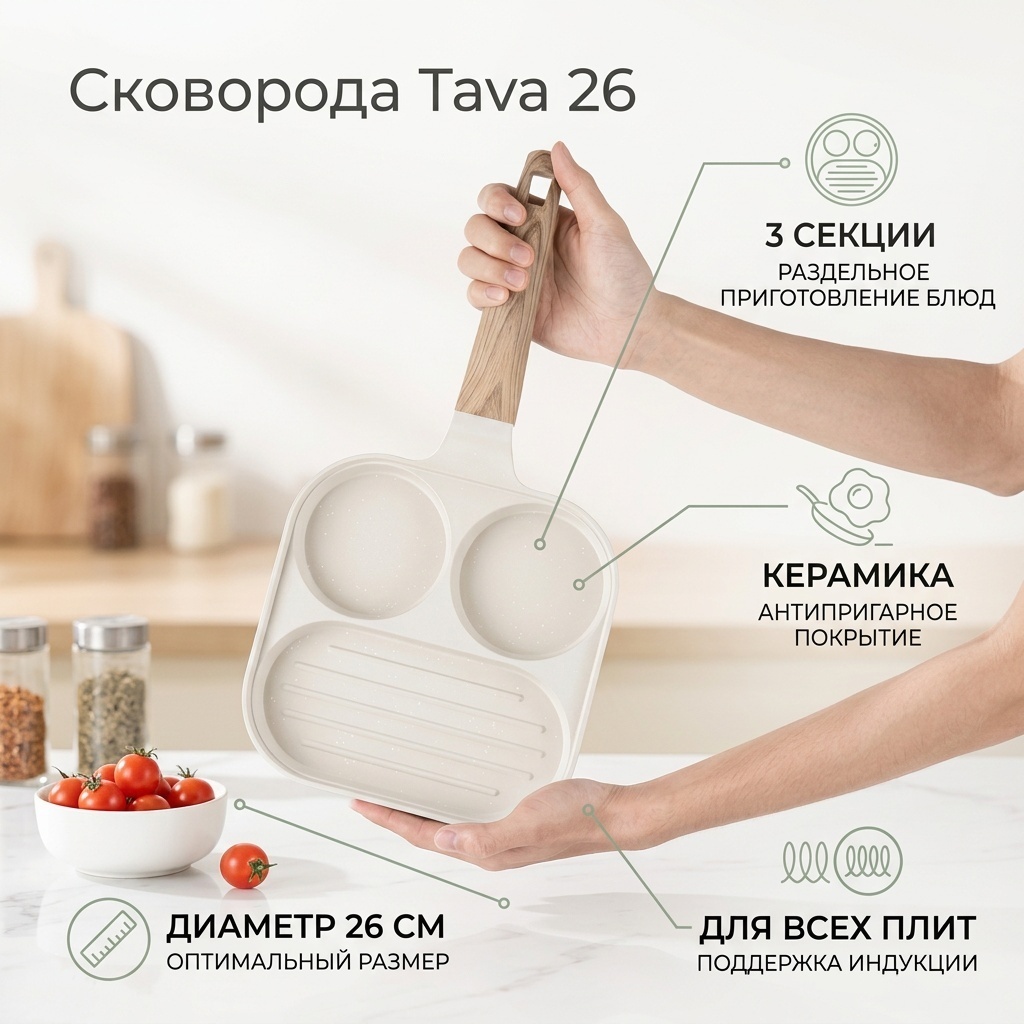 Сковорода порционная Сковорода Tava 26 см с антипригарным покрытием, алюминий