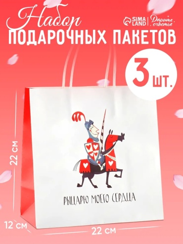 Подарочный пакет Рыцарю моего сердца Дарите Счастье 3 шт крафт-бумага 22х22 см