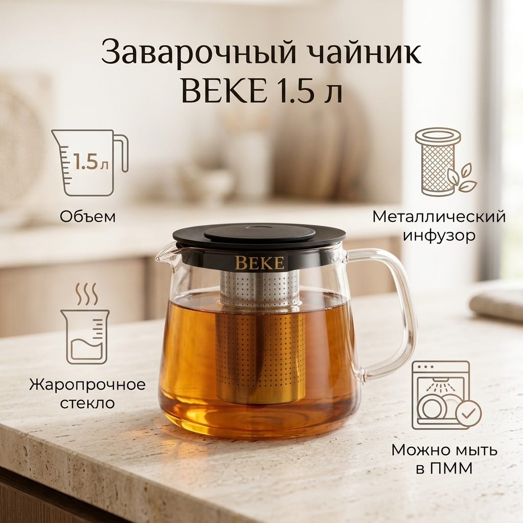 Чайник BEKE заварочный 1.5 л, жаропрочное стекло