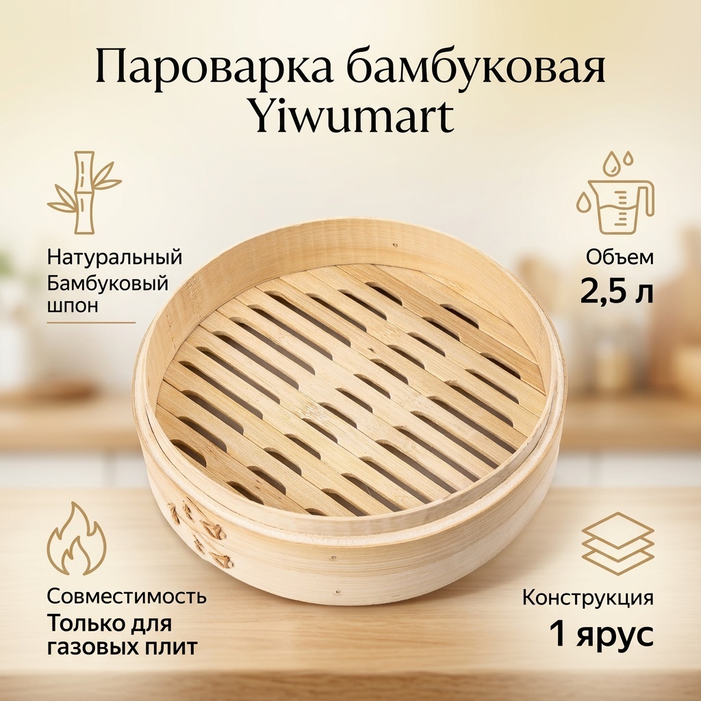 Пароварка 2 л, Yiwumart бамбуковый шпон, количество ярусов: 1