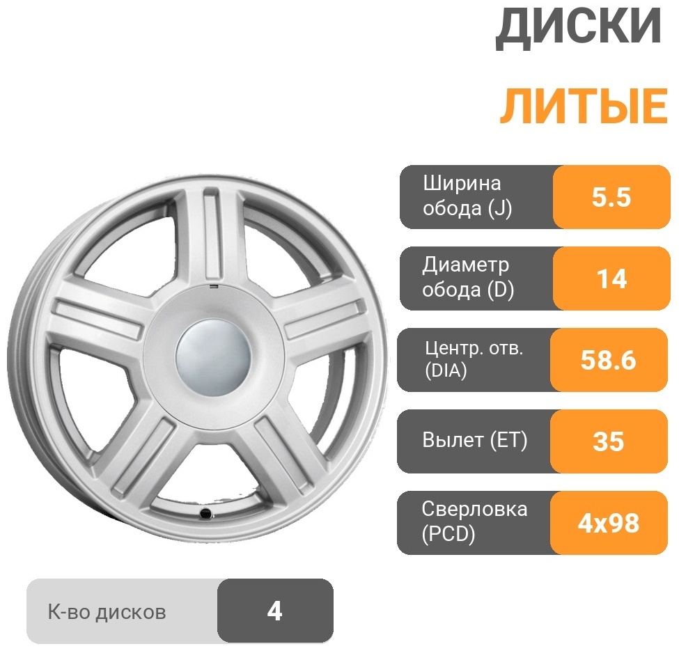 АвтоВаз Торус 5.5x14/4x98 D58.6 ET35 4 диска серебристый