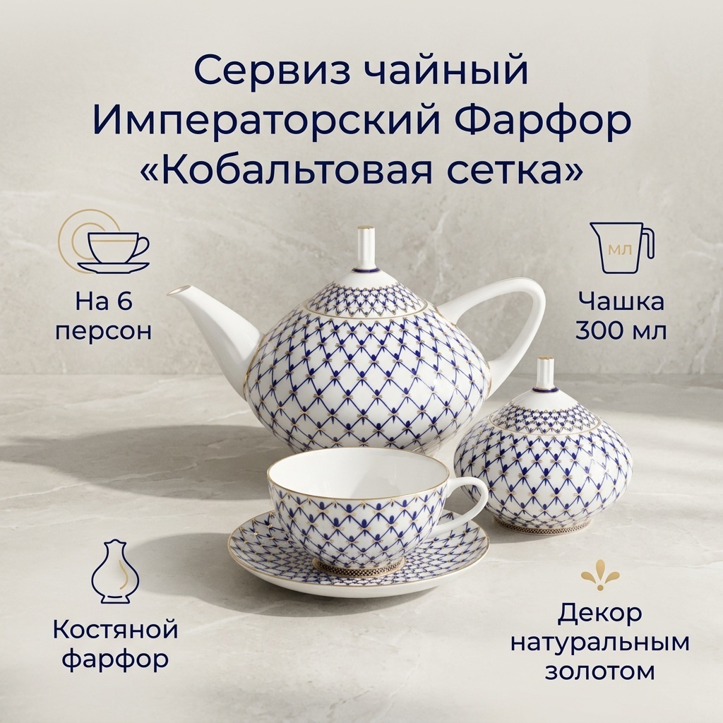 Сервиз на 6 персон Императорский Фарфор ф.Купольная рис. Кобальтовая Сетка, предметов: 14, чайный, костяной фарфор