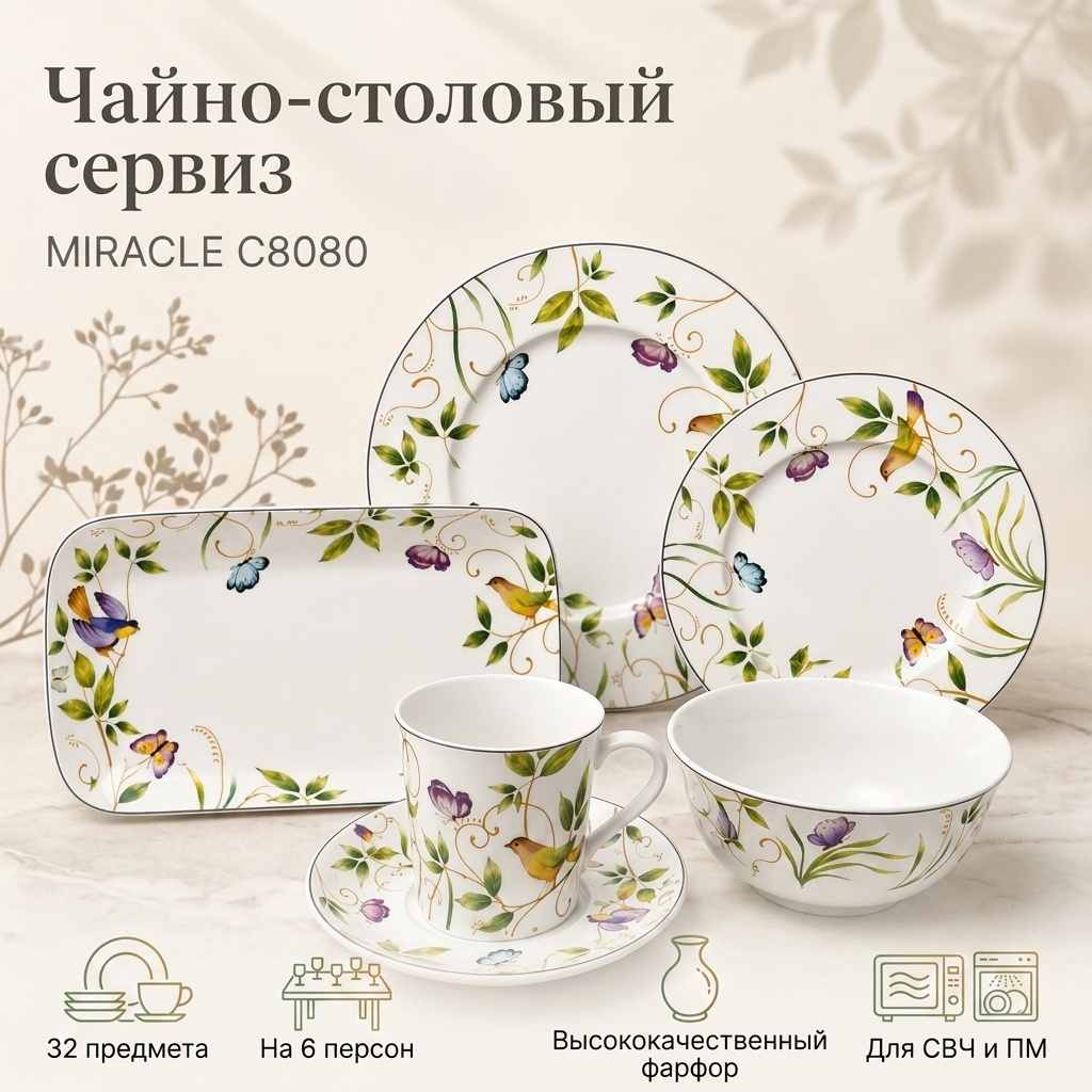 Сервиз на 6 персон MIRACLE Spring flowers, предметов: 32, чайно-столовый, фарфор