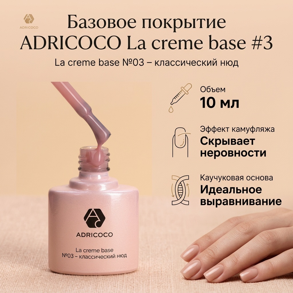ADRICOCO базовое покрытие La creme base #3 классический нюд камуфлирующее 10 мл