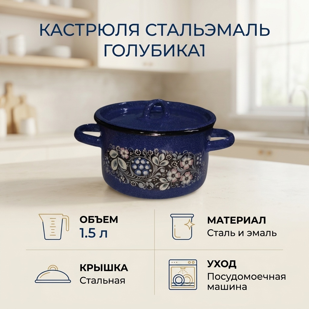 Кастрюля 1.5 л, СтальЭмаль Голубика1 эмаль