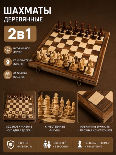 Шахматы и шашки 2 в 1 дерево 38x38 см