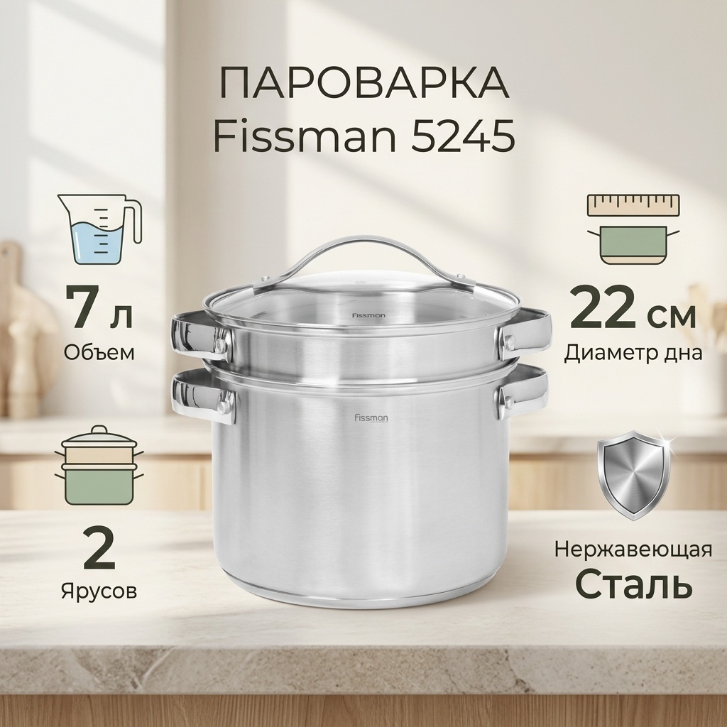 Пароварка 7 л, Fissman нержавеющая сталь, количество ярусов: 2