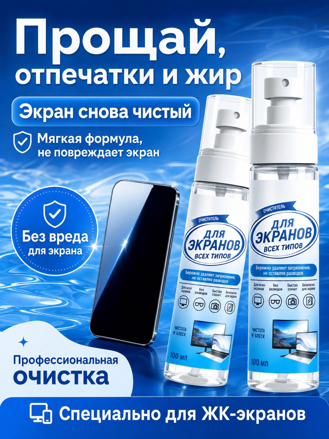 Чистящий аэрозоль 365Life Очиститель для экранов телефонов и ноутбуков Без разводов Не повреждает покрытие Салфетка