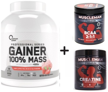 Optimum System Гейнер 3кг клубника + Muscleman креатин 300г + BCAA 300г фруктовый пунш Клубника фруктовый пунш 3000 г