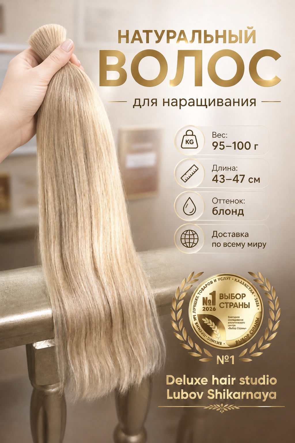 Lubov_shikarnaya DELUXE Натуральные волосы для наращивания в срезе, блонд женский, 43-47 см, 95-100 гр