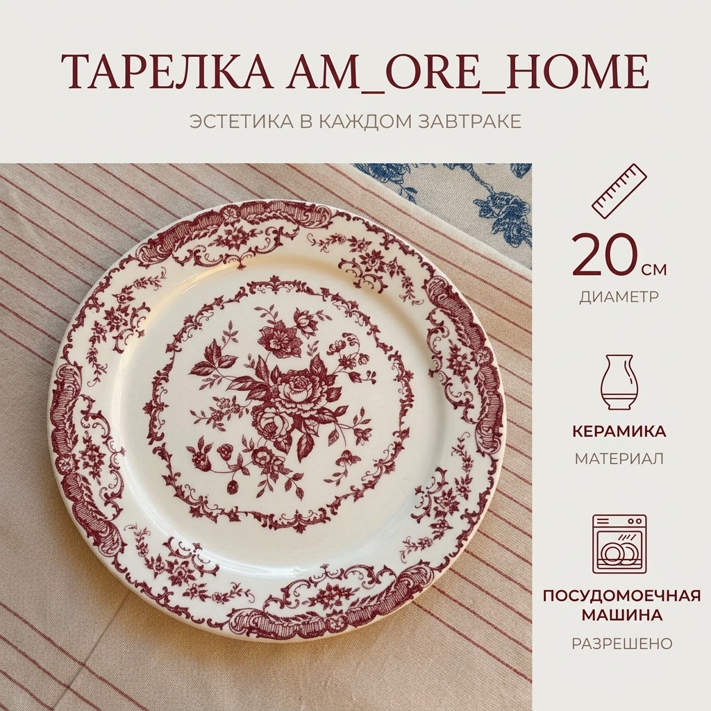 Тарелка 20 см, 1 шт, керамика, стеклокерамика