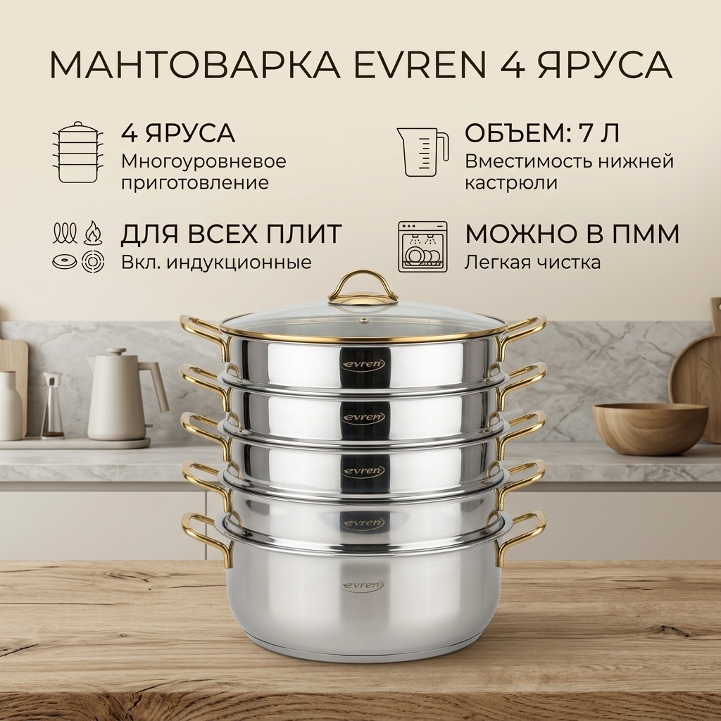 Мантоварка 7 л, нержавеющая сталь, количество ярусов: 4