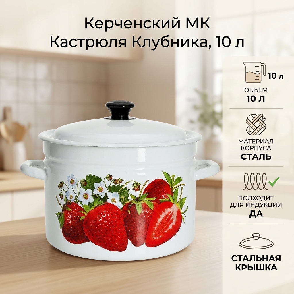 Кастрюля 10 л, Керченский МК 41804-222/6 Клубника сталь