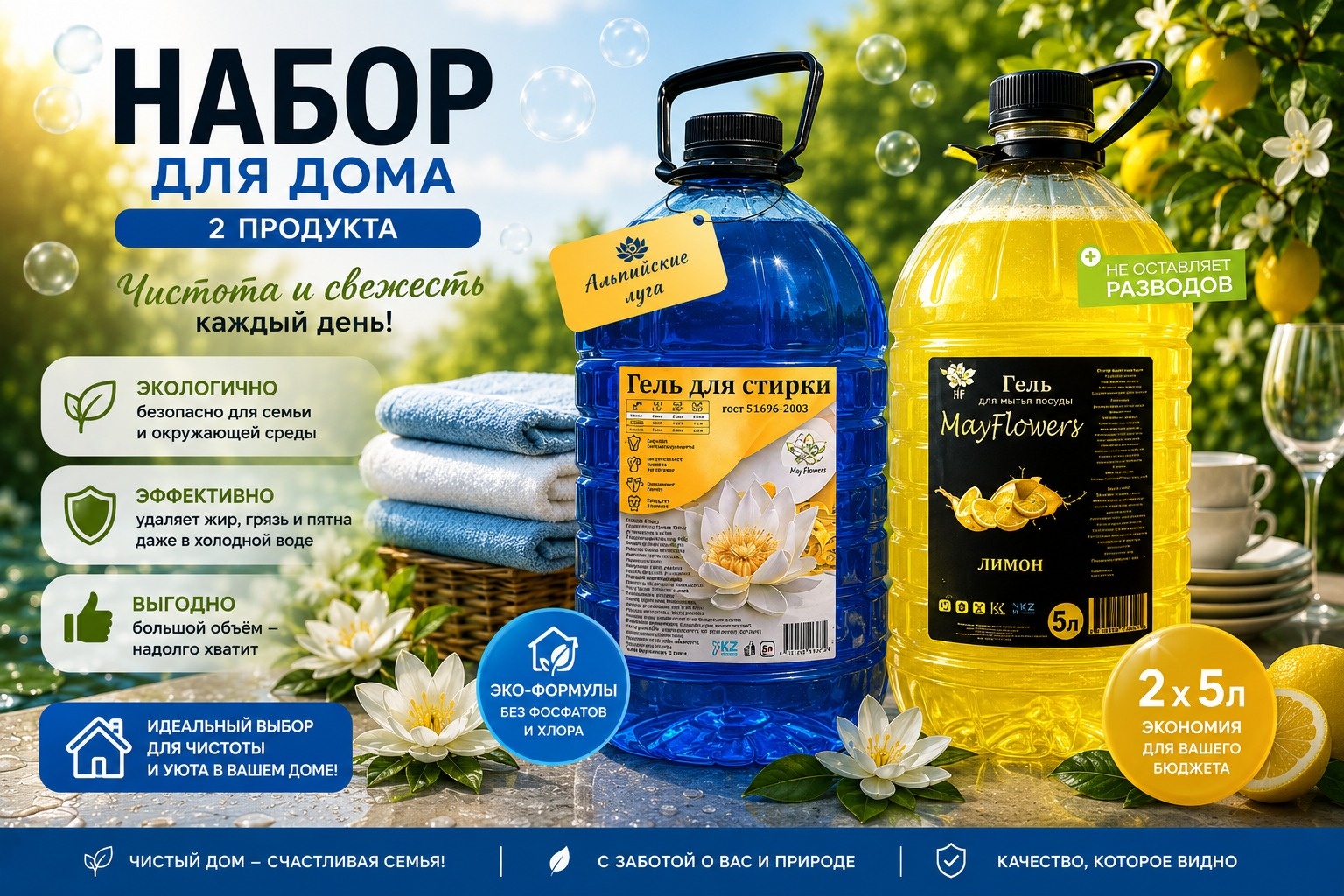 May flowers Набор 2 в 1 гель для стирки альпийские луга, гель для мытья посуды со вкусом лимона для посуды, для стирки