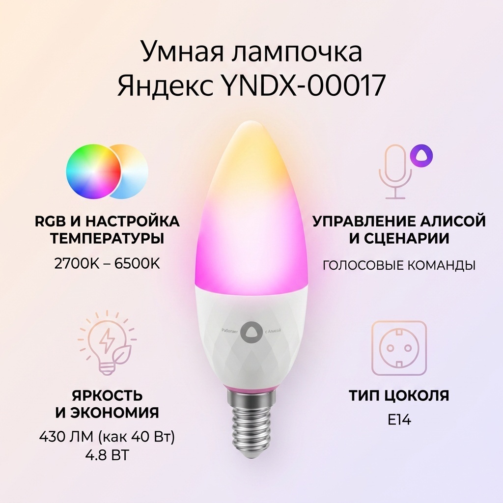 Яндекс 4.8W Е14, умная, RGB