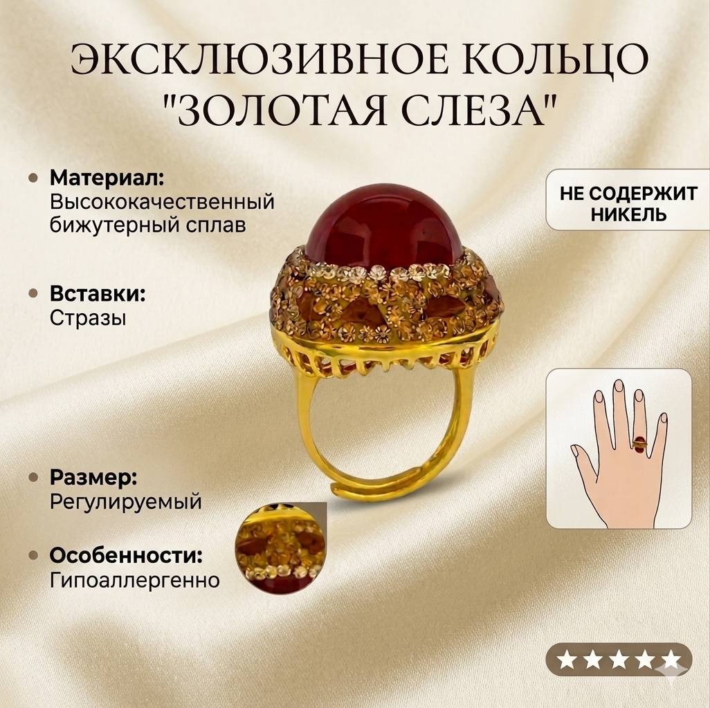 Перстень 30429144_182352854 размер регулируемый бижутерный сплав, стекло, золотистый