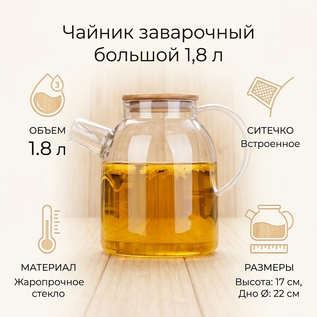 Чайник большой 1,8 литр 215582252 1.8 л, стекло, бамбук