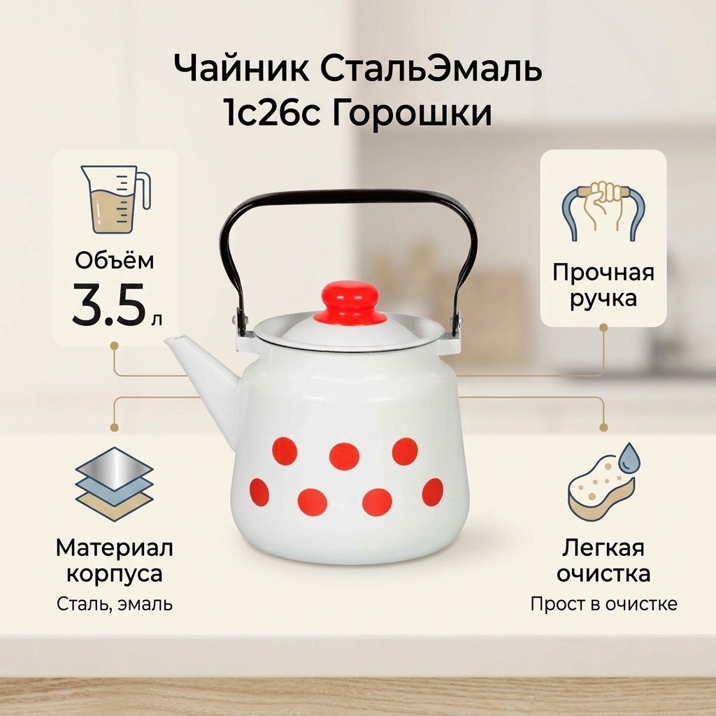 СтальЭмаль чайник 1с26с/горошки 3.5 л, сталь, эмаль
