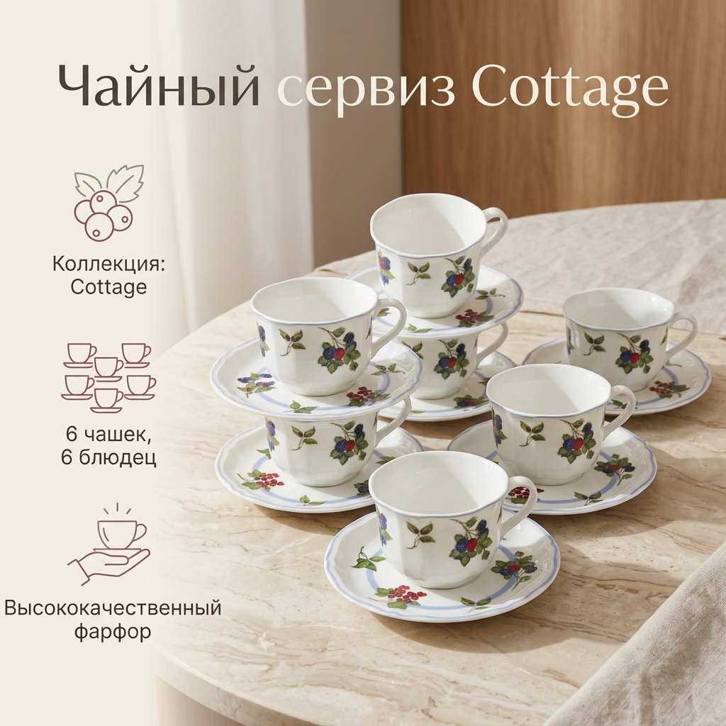 Сервиз на 6 персон Cottage, предметов: 12, чайный, фарфор