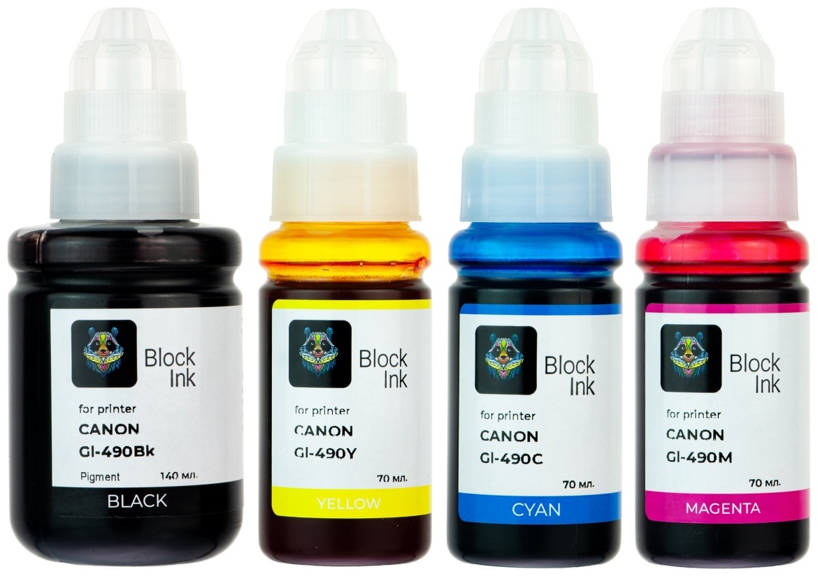 Чернила Block Ink GI-490 для Canon PIXMA G-серии, 4 цвета (C/M/Y/Bk), 350 мл: пигментный черный + водяные