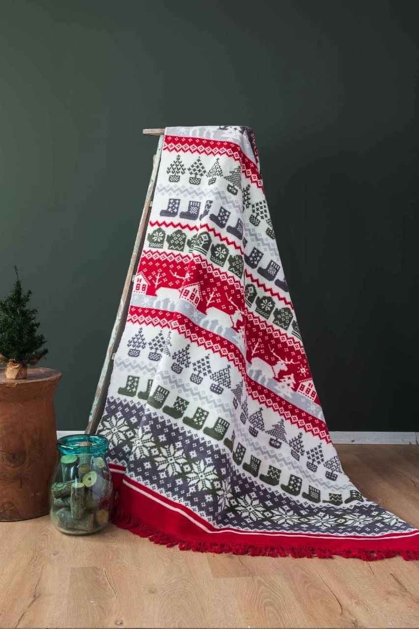 Плед Minteks Home Christmas 200х220 см, хлопок, акрил, полиэстер, красный, зеленый, белый, серый
