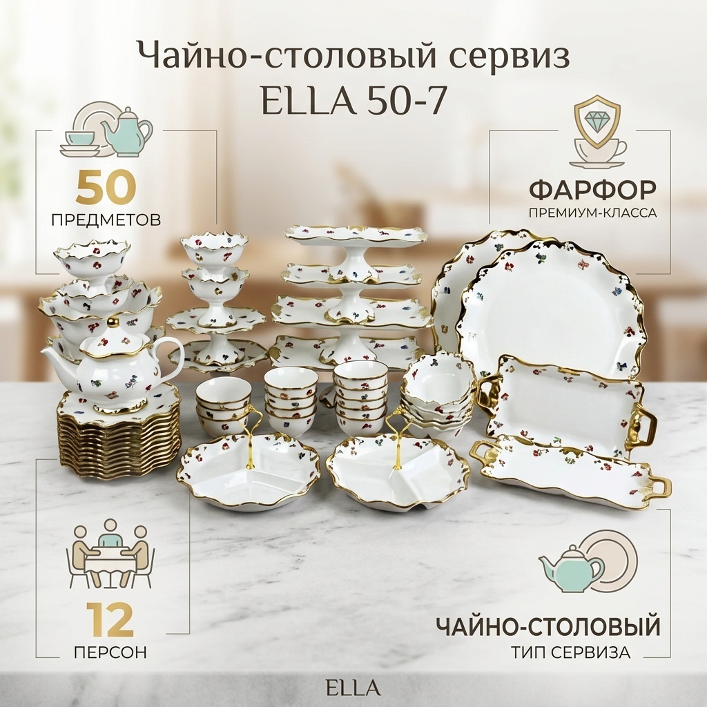 Сервиз на 12 персон ELLA , предметов: 50, чайно-столовый, фарфор