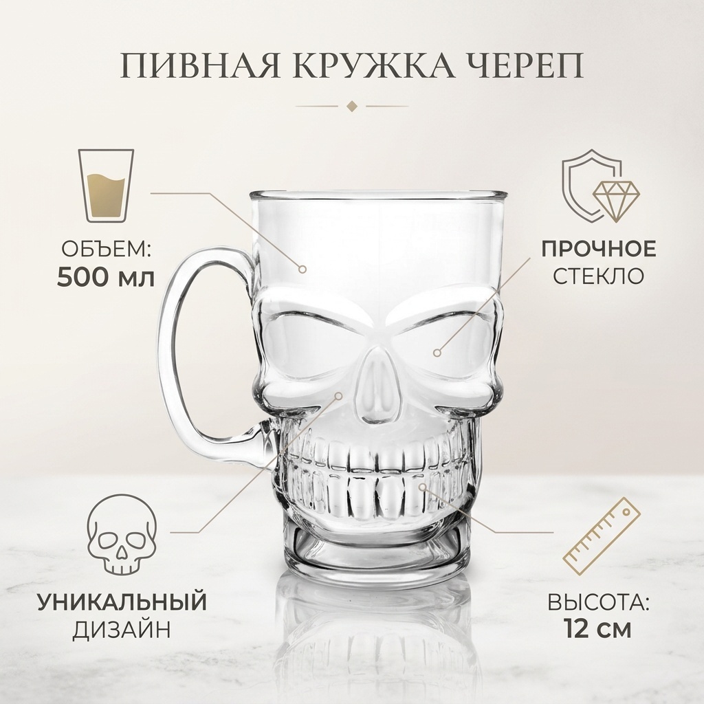 Пивная кружка 500 мл, стекло, 1 шт