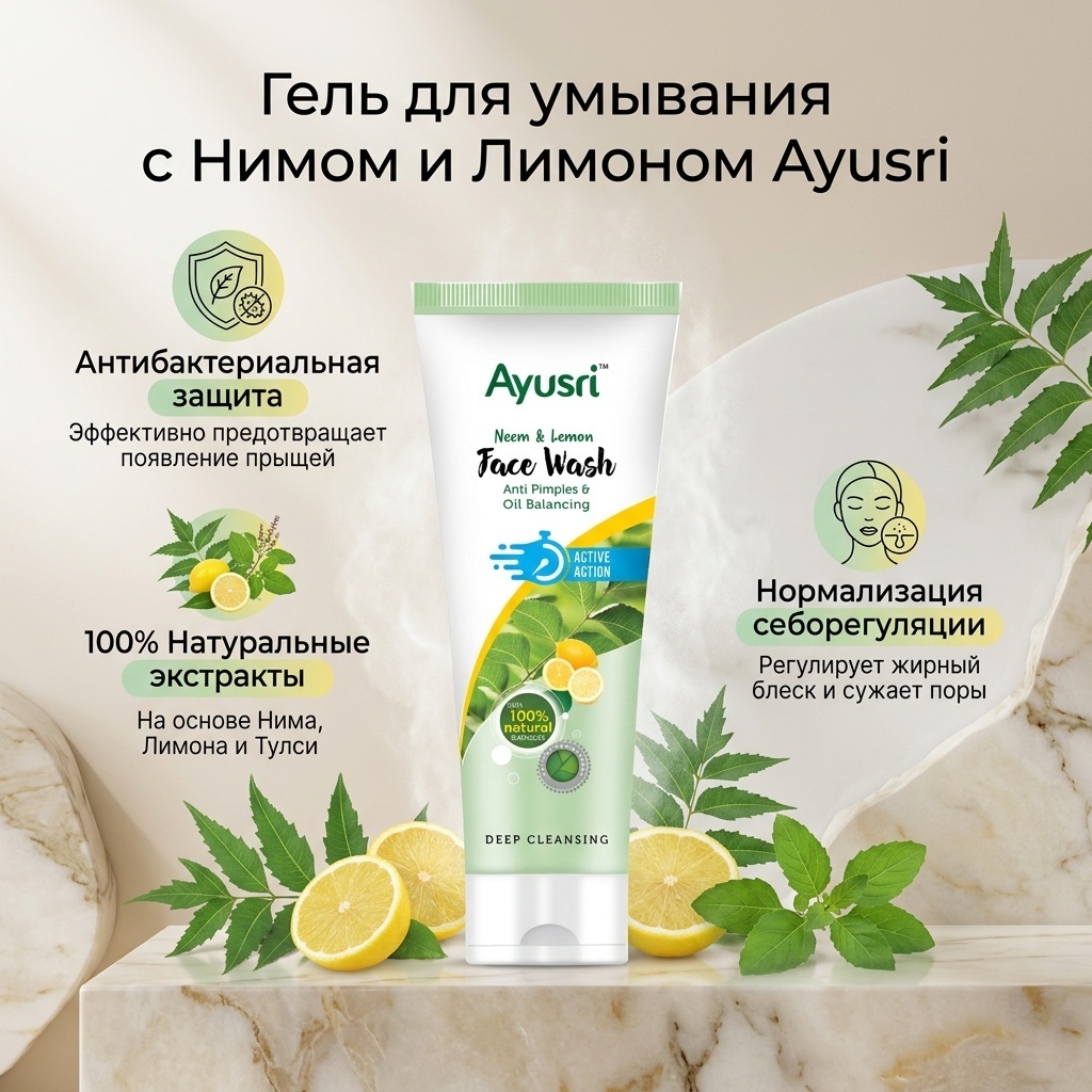 Ayusri Гель для умывания с Нимом и Лимоном, 50 мл