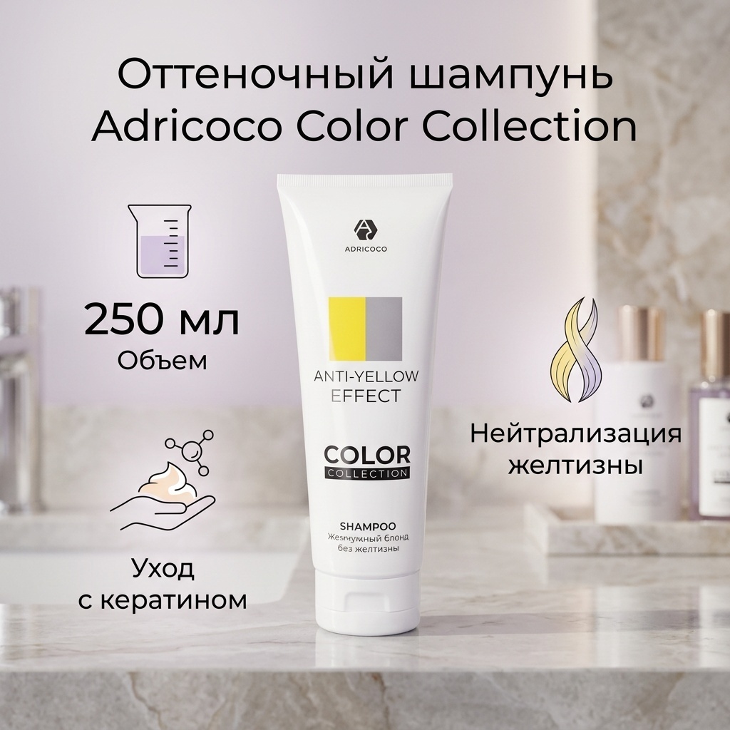 ADRICOCO COLOR COLLECTION ANTI-YELLOW EFFECT с кератином и рисовым маслом шампунь оттеночный 250 мл