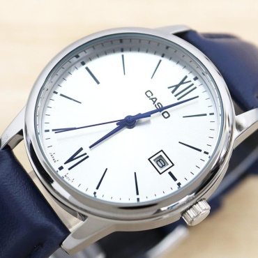 Кварцевые CASIO Blue Leather Classic, синий ремешок нержавеющая сталь