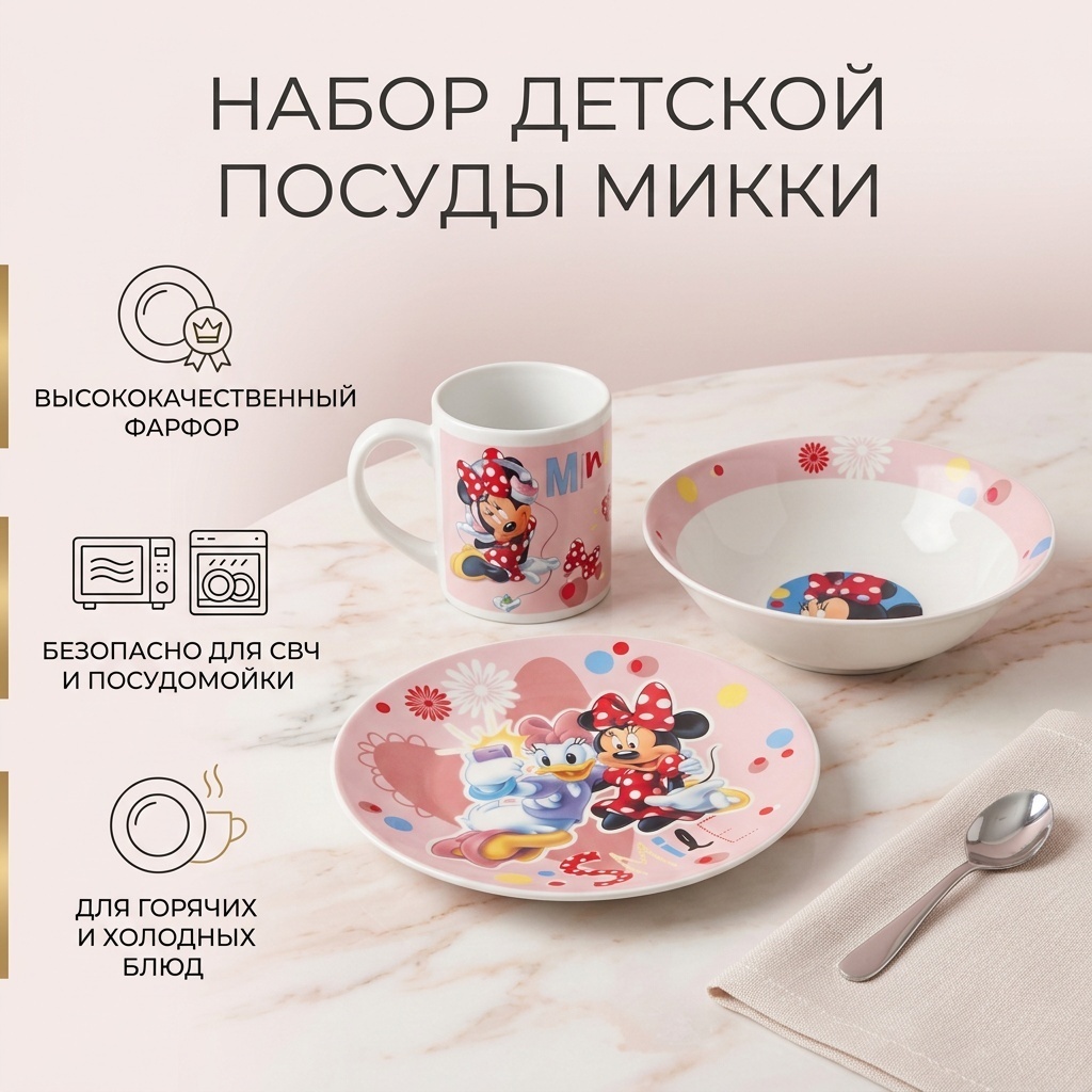 Сервиз на 1 персону Набор детской посуды Микки, предметов: 3, детский, керамика, фарфор