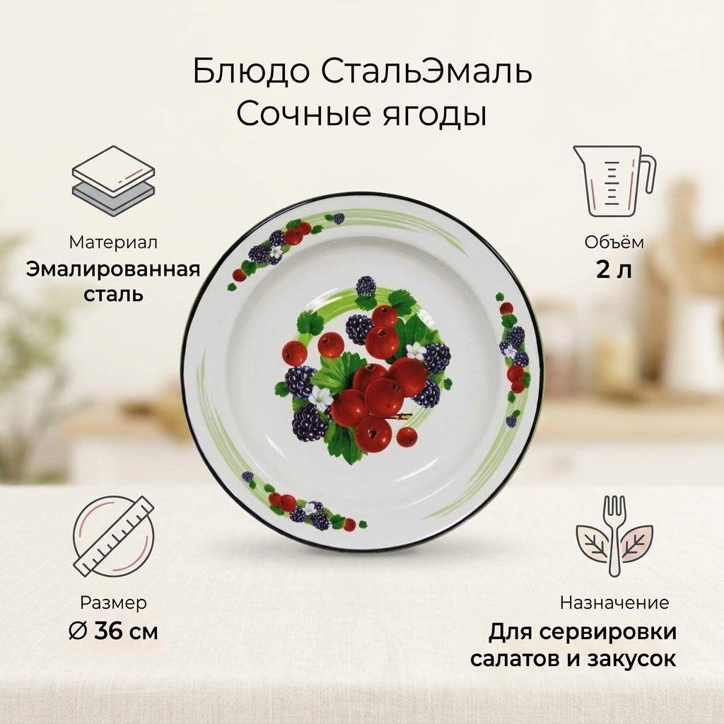 Блюдо СтальЭмаль Сочные ягоды 36х36 см, сталь, эмаль, 1 шт