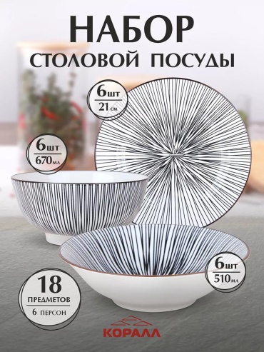 Сервиз на 1 персону , предметов: 18, чайно-столовый, керамика, стеклокерамика